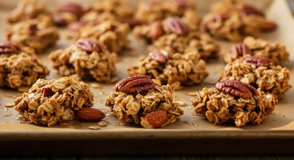 Clusters of vanilla nut granola topped with pecans and almonds, freshly baked and arranged on a parchment-lined baking sheet.