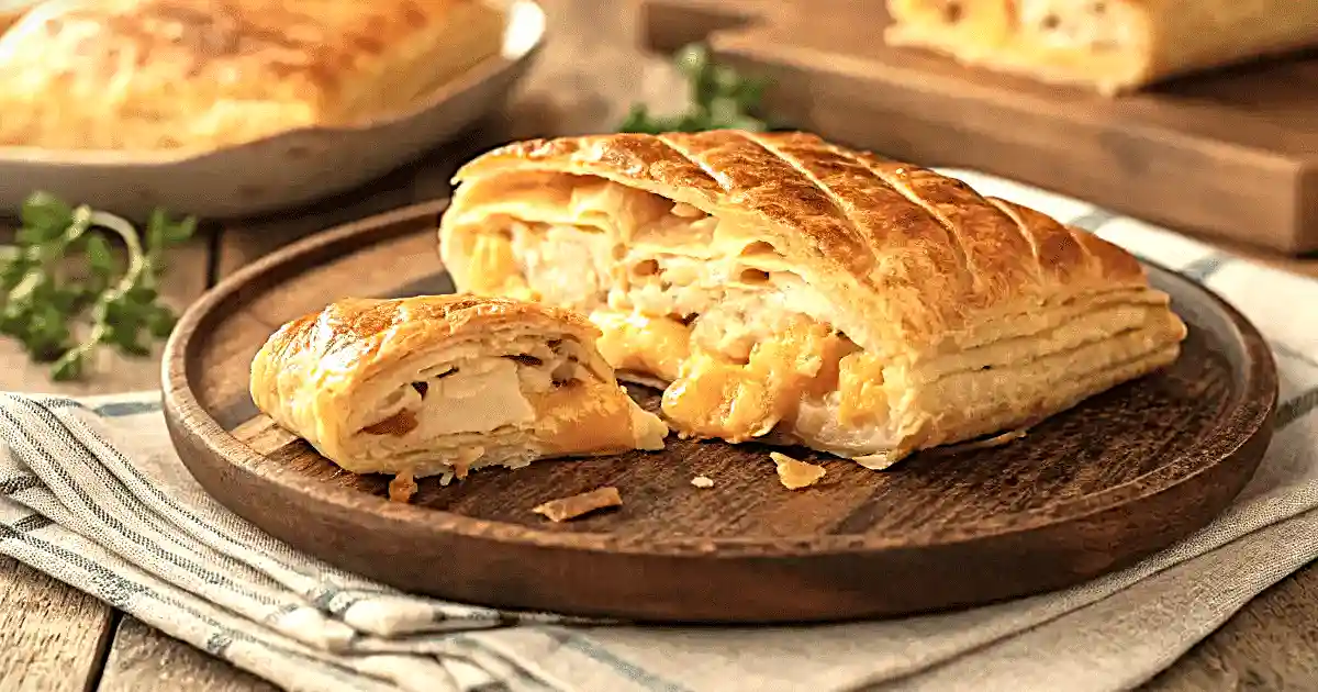 Homemade chicken and cheese jalousie sliced open on a rustic wooden board, showing flaky puff pastry layers and creamy filling