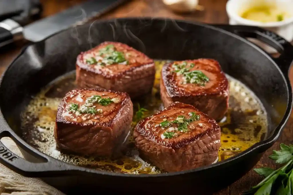 Four perfectly seared Venison Cube Steaks in a cast iron skillet, topped with fresh parsley and sizzling in butter.