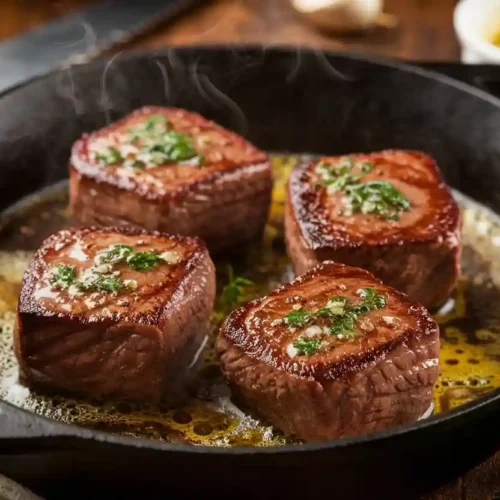 Four perfectly seared Venison Cube Steaks in a cast iron skillet, topped with fresh parsley and sizzling in butter.