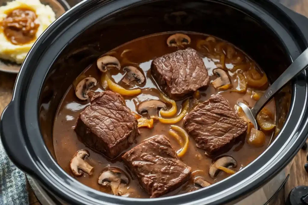 Slow-cooked Venison Cube Steaks in a rich mushroom and onion gravy inside a Crockpot.