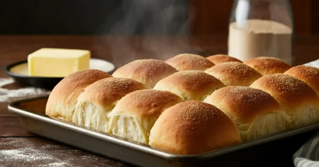 Freshly baked Bubba's Dinner Rolls on a baking tray, with steam rising, surrounded by butter, flour, and yeast on a wooden table.