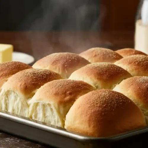 Freshly baked Bubba's Dinner Rolls on a baking tray, with steam rising, surrounded by butter, flour, and yeast on a wooden table.