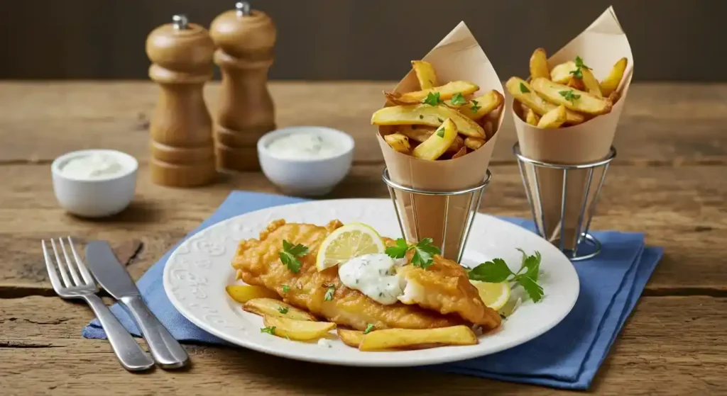 Crispy lectin-free fish and chips served on a white plate with french fries in paper cones, tartar sauce, lemon wedges, and wooden salt and pepper mills on a rustic wooden table with blue napkin