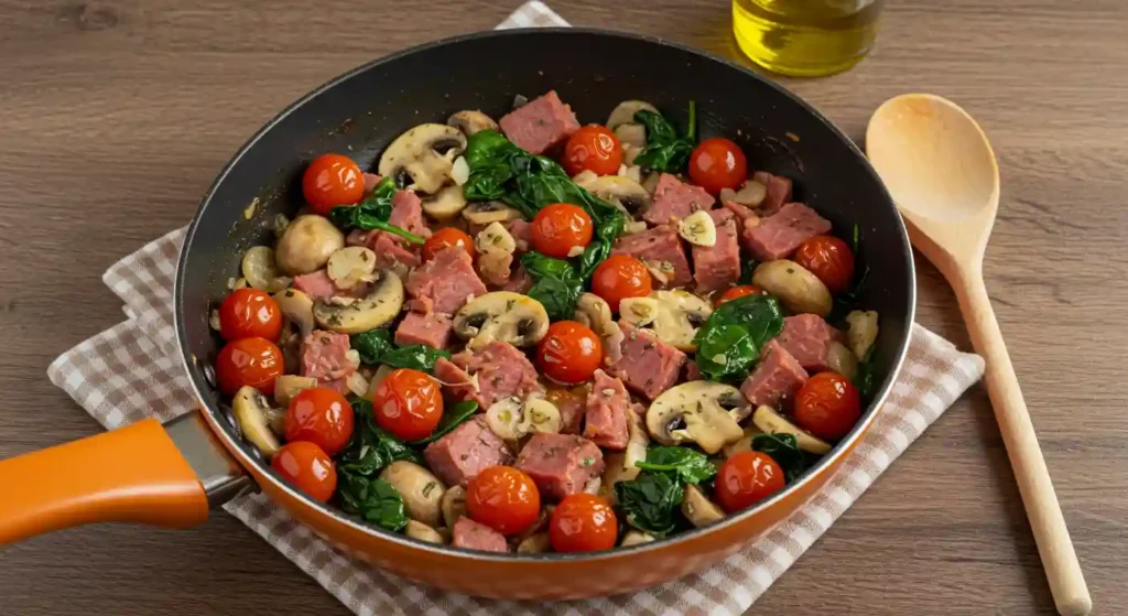 A skillet filled with a hearty breakfast scramble of canned corned beef, scrambled eggs, peppers, and onions, garnished with parsley.