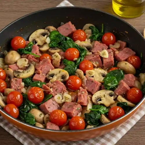 A skillet filled with a hearty breakfast scramble of canned corned beef, scrambled eggs, peppers, and onions, garnished with parsley.