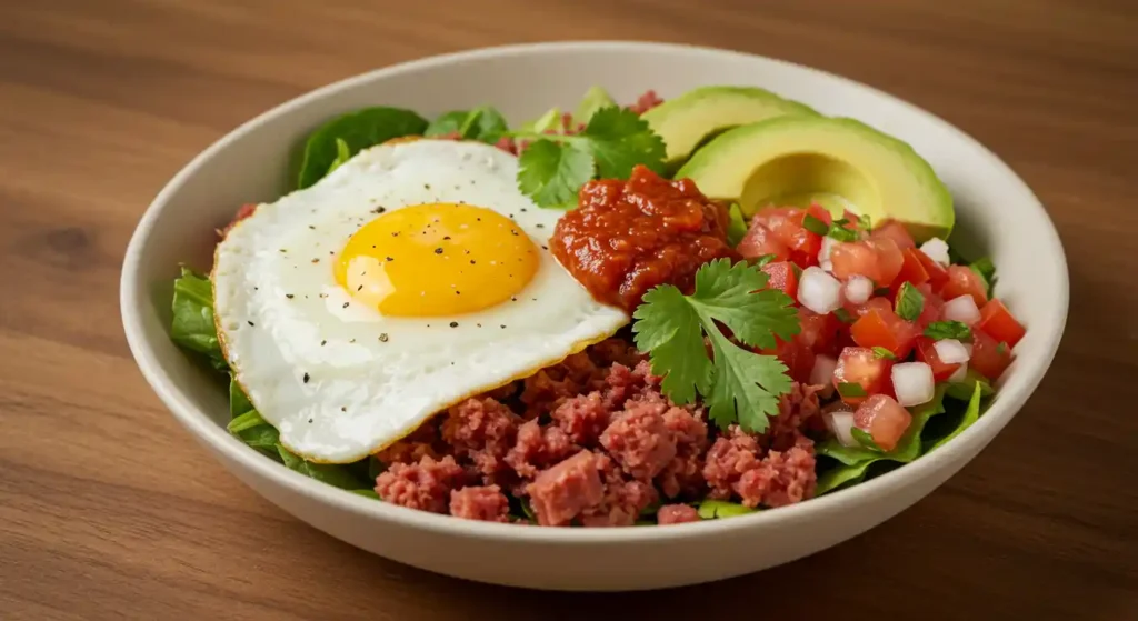 A bowl of corned beef hash topped with a fried egg, avocado, pico de gallo, and cilantro.
