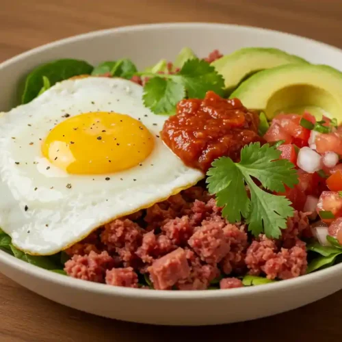 A bowl of corned beef hash topped with a fried egg, avocado, pico de gallo, and cilantro.