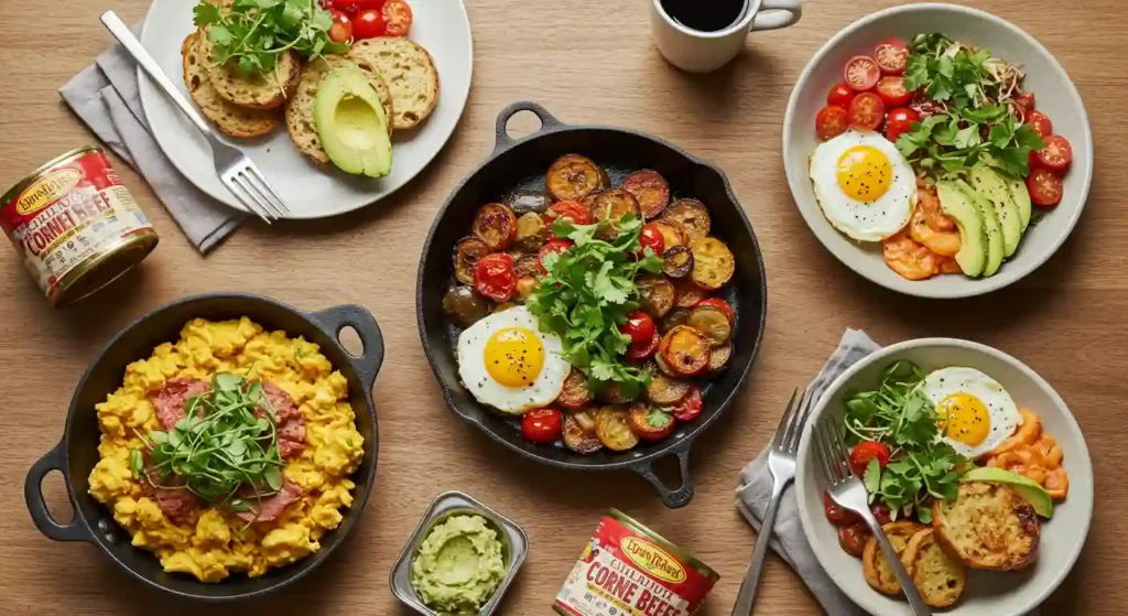 A colorful breakfast spread featuring dishes made with canned corned beef, including scrambled eggs, roasted potatoes, and fresh vegetables.