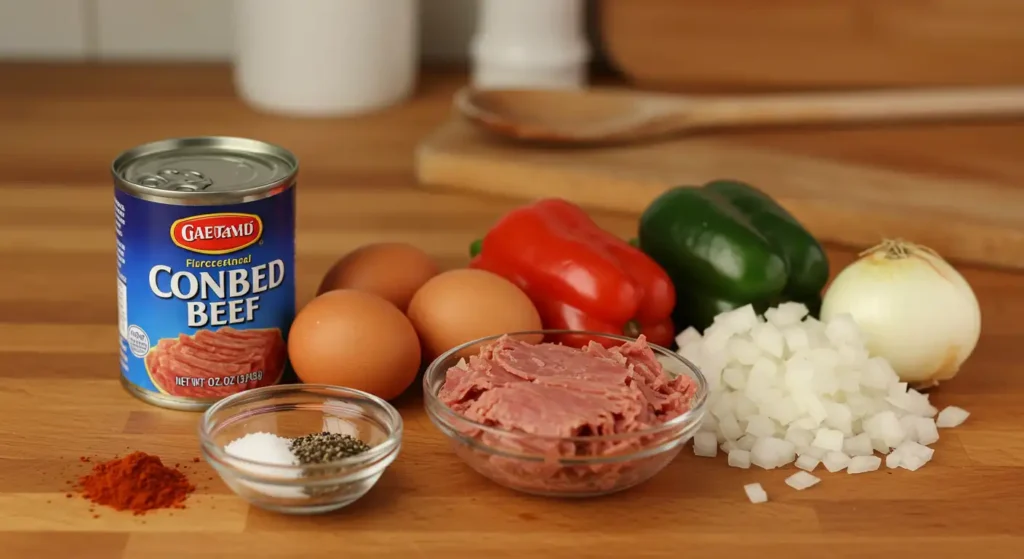 Ingredients for a canned corned beef recipe, including eggs, diced onion, bell peppers, and seasonings on a wooden countertop.