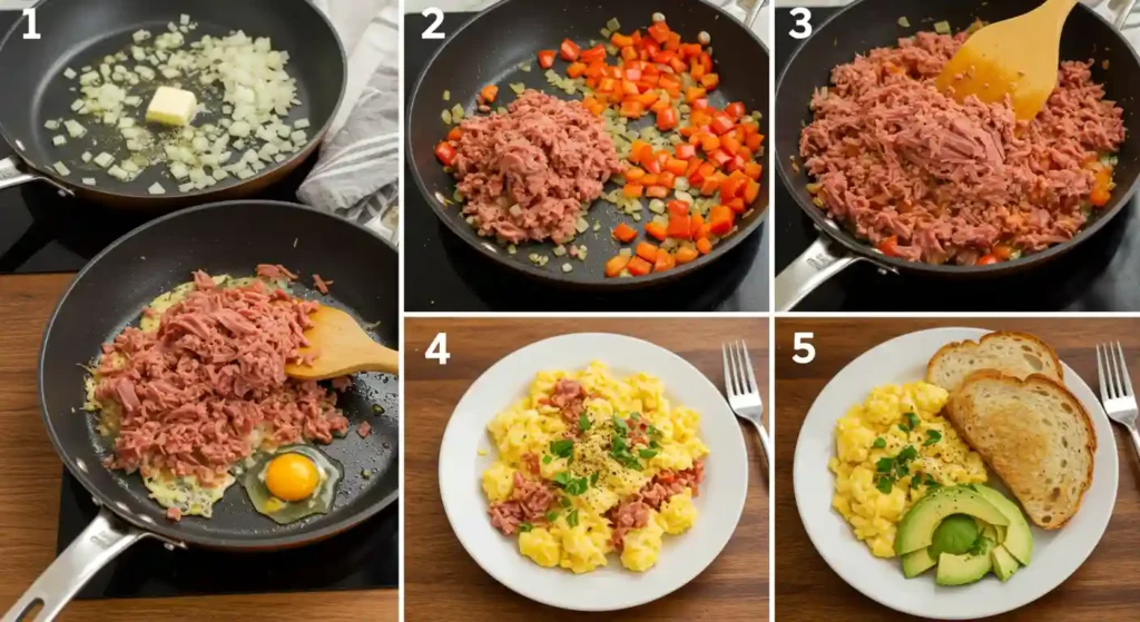 A step-by-step guide on how to make a delicious corned beef hash breakfast.
