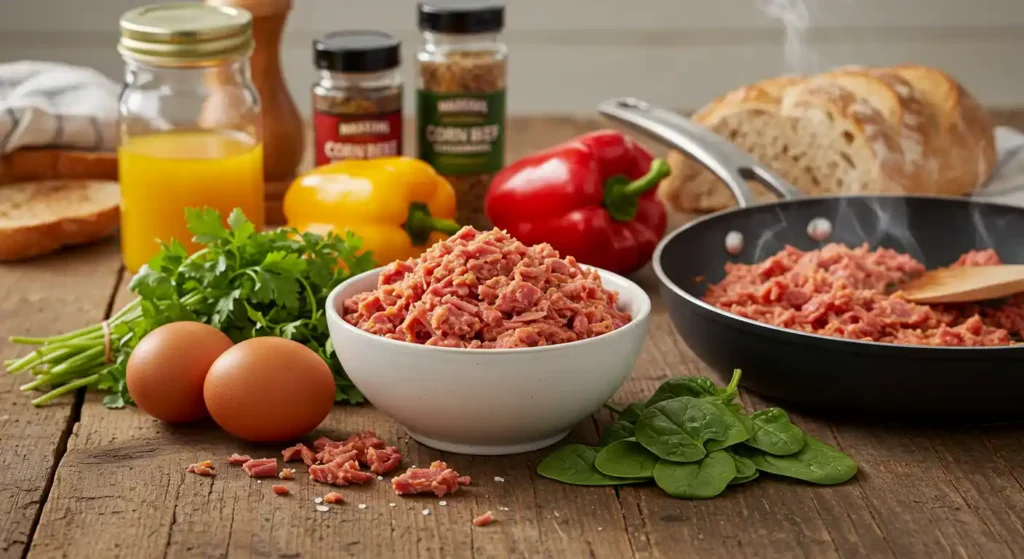 A wooden table featuring canned corned beef, fresh vegetables, eggs, bread, and seasonings, with a skillet in the background.