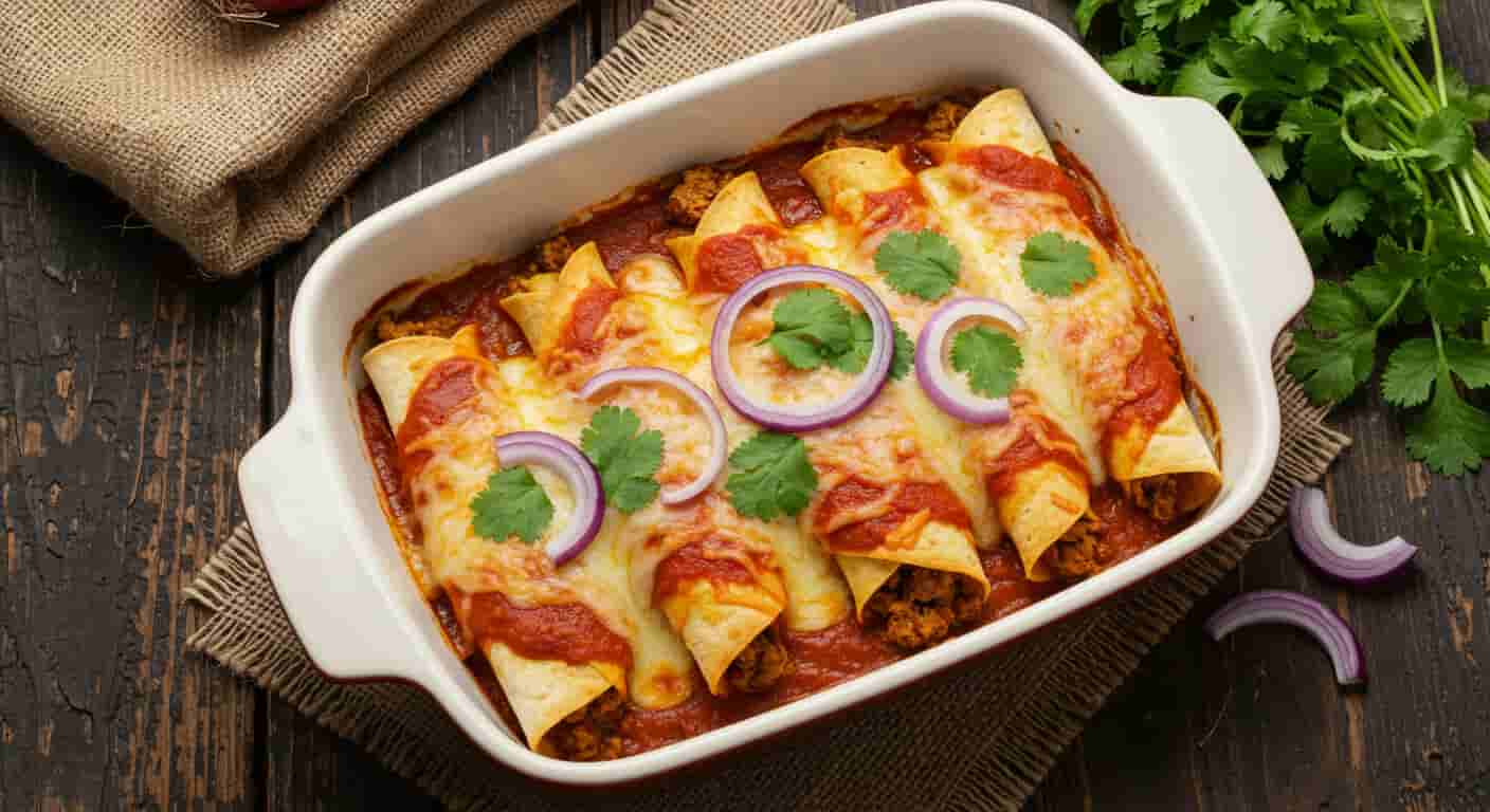 Homemade Boulders enchilada recipe featuring rolled corn tortillas filled with meat, topped with red enchilada sauce, melted cheese, red onions, and fresh cilantro in a white ceramic baking dish