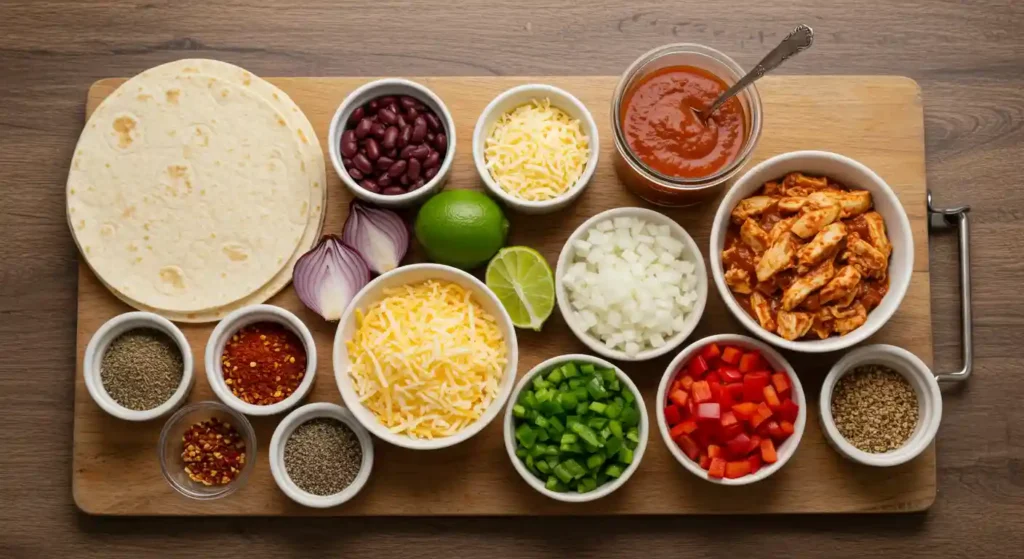 Alt: "Ingredients for Boulders enchilada recipe laid out on wooden cutting board: tortillas, shredded cheese, red sauce, shredded chicken, beans, diced onions, peppers, limes, and various spices in white bowls