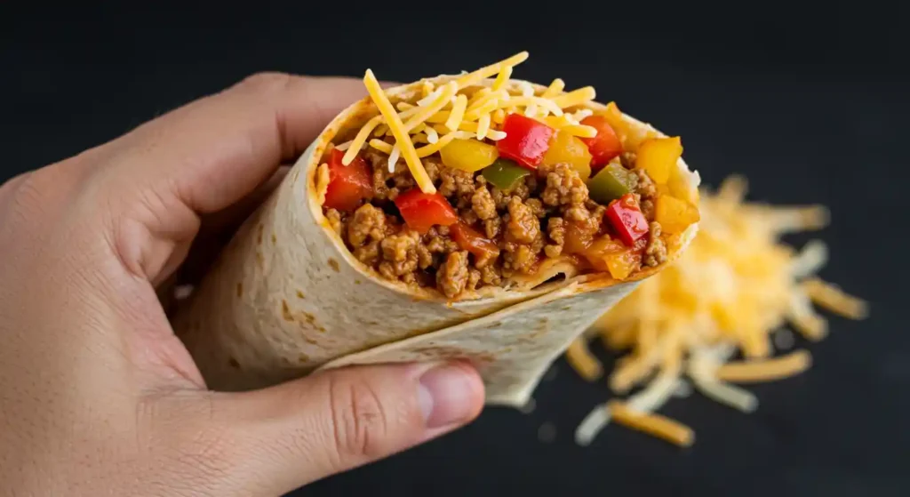 Closeup of a sliced Boulders enchilada recipe filled with seasoned ground beef, colorful bell peppers, and topped with shredded cheddar cheese