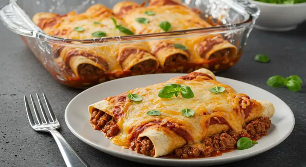 A close-up of a plate of golden-brown enchiladas topped with melted cheese and fresh basil.