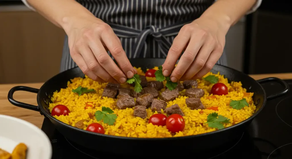 A chef garnishing a vibrant paella with fresh herbs, likely inspired by Terra Massoud's recipe.