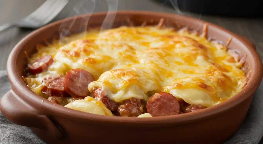 Hot and bubbly Crockpot Pierogi Casserole with melted cheese and sliced kielbasa in a brown ceramic dish, with visible steam rising