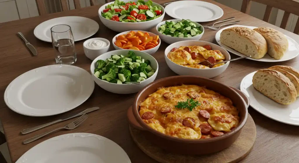 Alt: "A dinner table set with Crockpot Pierogi Casserole With Kielbasa as the main dish, accompanied by fresh salads, bread, and table settings