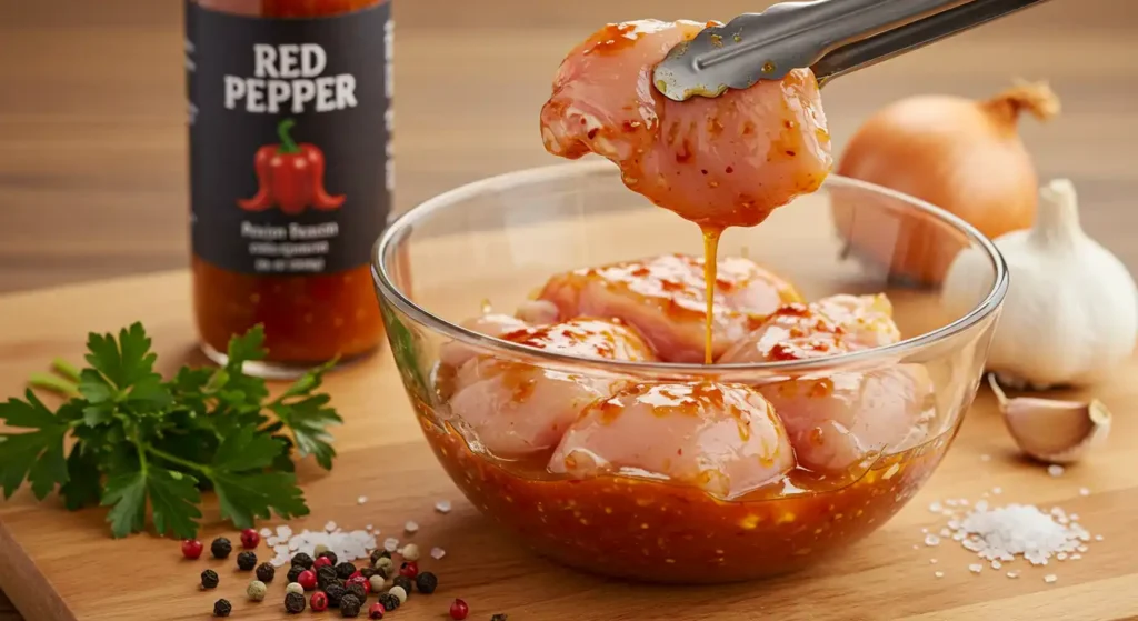 Raw chicken being marinated in San Antonio Red Pepper Mexican sauce, with tongs lifting a piece to show the marinade dripping. A bottle of Red Pepper sauce, fresh herbs, garlic, onion, and peppercorns are visible on a wooden surface.