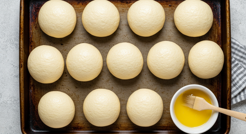 Unbaked Bubba's Dinner Rolls on a baking tray, ready to be brushed with melted butter.