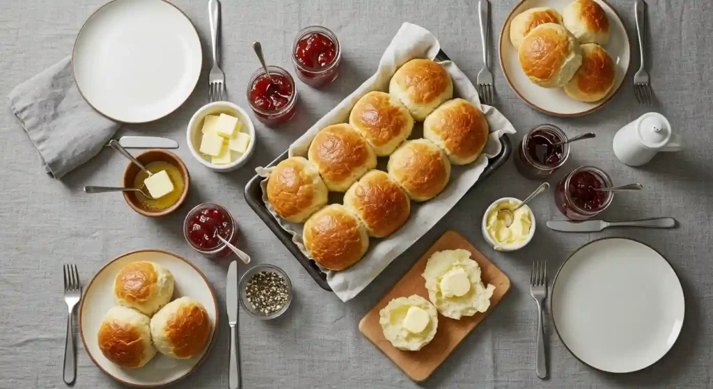 A beautifully set table featuring Bubba's Dinner Rolls served with butter, jam, and other spreads, ready for a cozy meal.