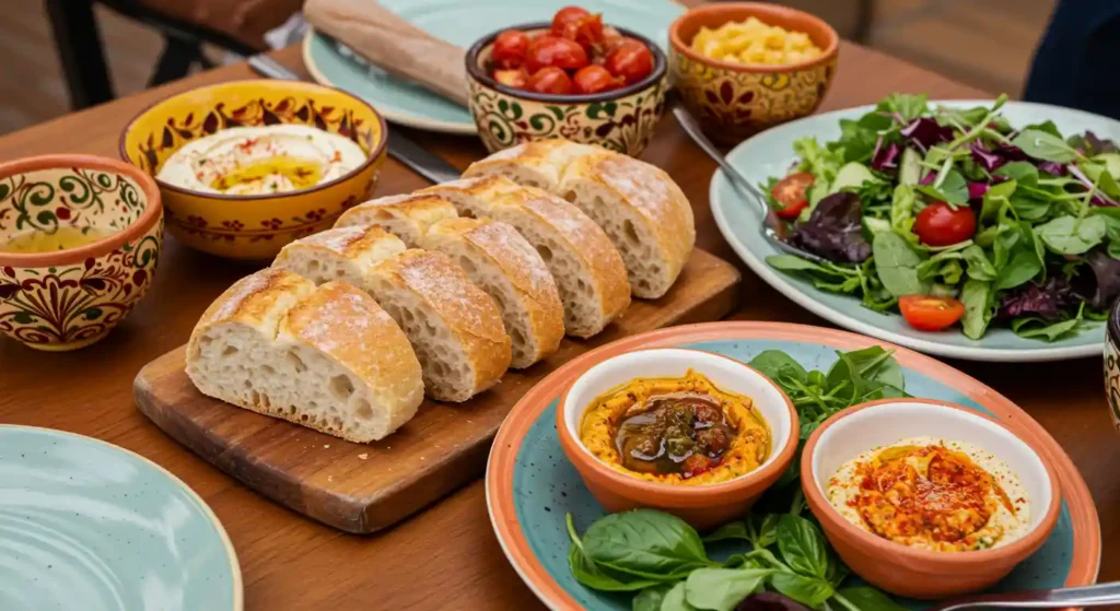 Alt: "Paloma Greenville's artisanal bread sliced on a wooden board, served with various dips, cherry tomatoes, and a fresh green salad on turquoise plates with decorative bowls