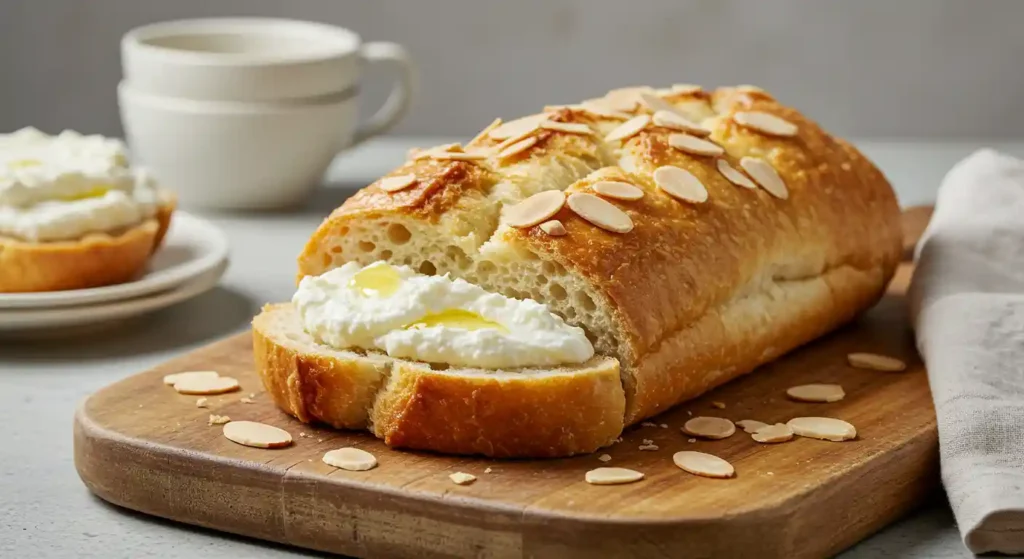 Fresh-baked Paloma Greenville bread loaf topped with sliced almonds, sliced open and filled with whipped ricotta and olive oil, served on a wooden board with a white coffee cup in the background