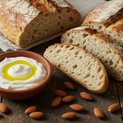 Artisanal sourdough bread from Paloma Greenville sliced and served with whipped ricotta drizzled with olive oil, accompanied by scattered Marcona almonds on a rustic wooden table