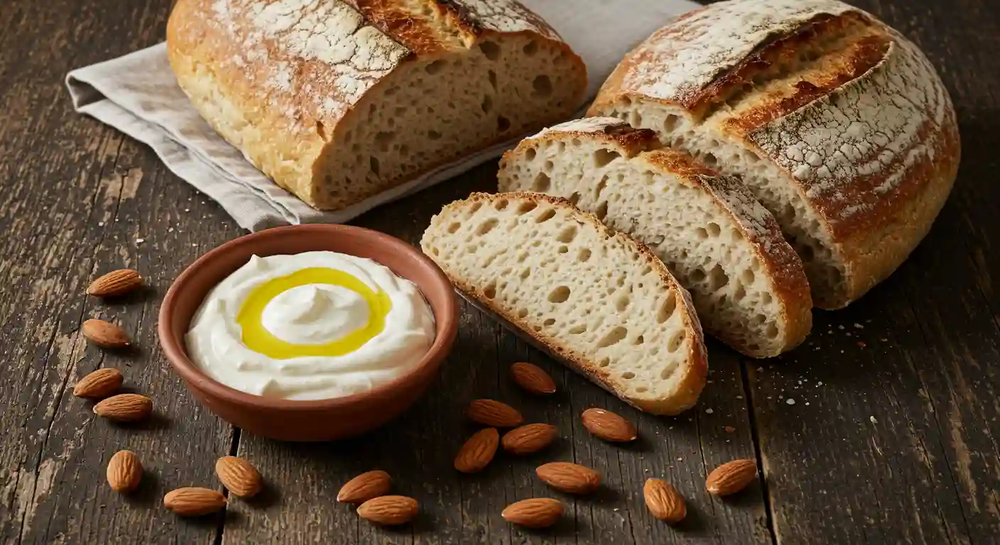 Artisanal sourdough bread from Paloma Greenville sliced and served with whipped ricotta drizzled with olive oil, accompanied by scattered Marcona almonds on a rustic wooden table