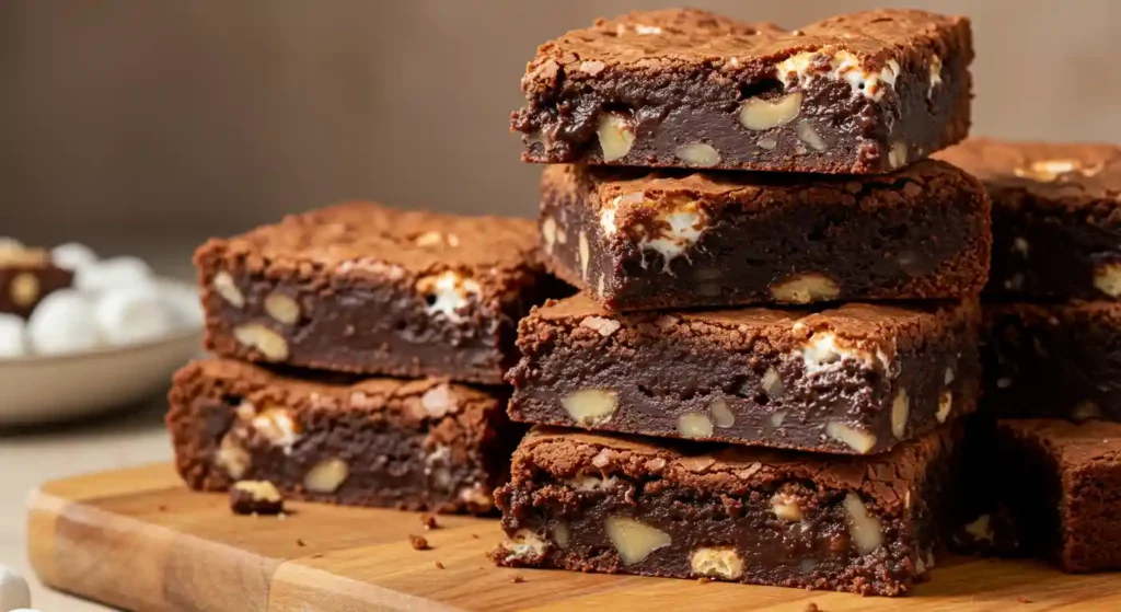 A stack of rich and fudgy Heavenly Hash Brownies filled with gooey marshmallows and crunchy nuts, displayed on a wooden cutting board.