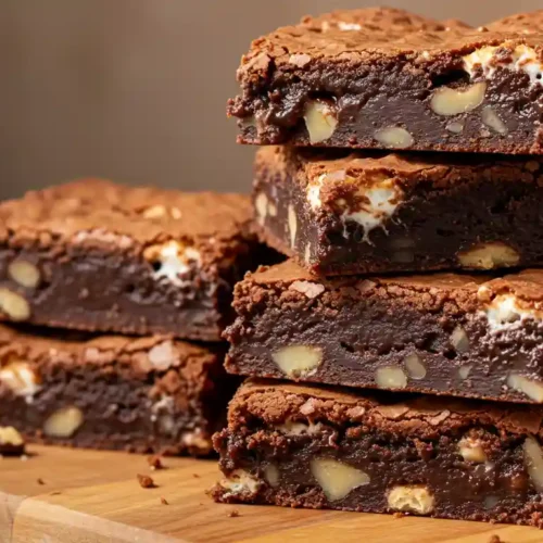 A stack of rich and fudgy Heavenly Hash Brownies filled with gooey marshmallows and crunchy nuts, displayed on a wooden cutting board.