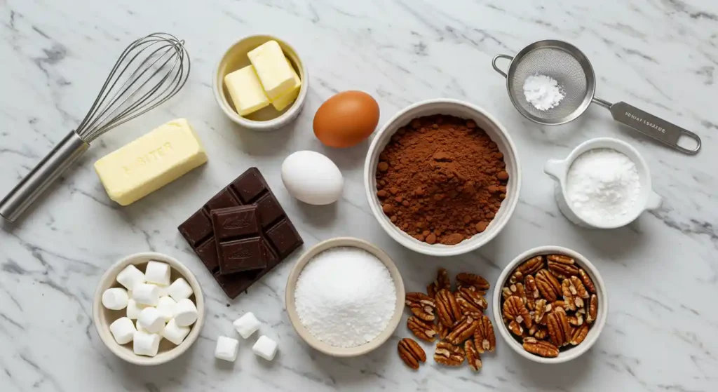 Ingredients for Heavenly Hash Brownies, including marshmallows, chocolate, butter, cocoa powder, eggs, sugar, and pecans, arranged neatly on a marble countertop.