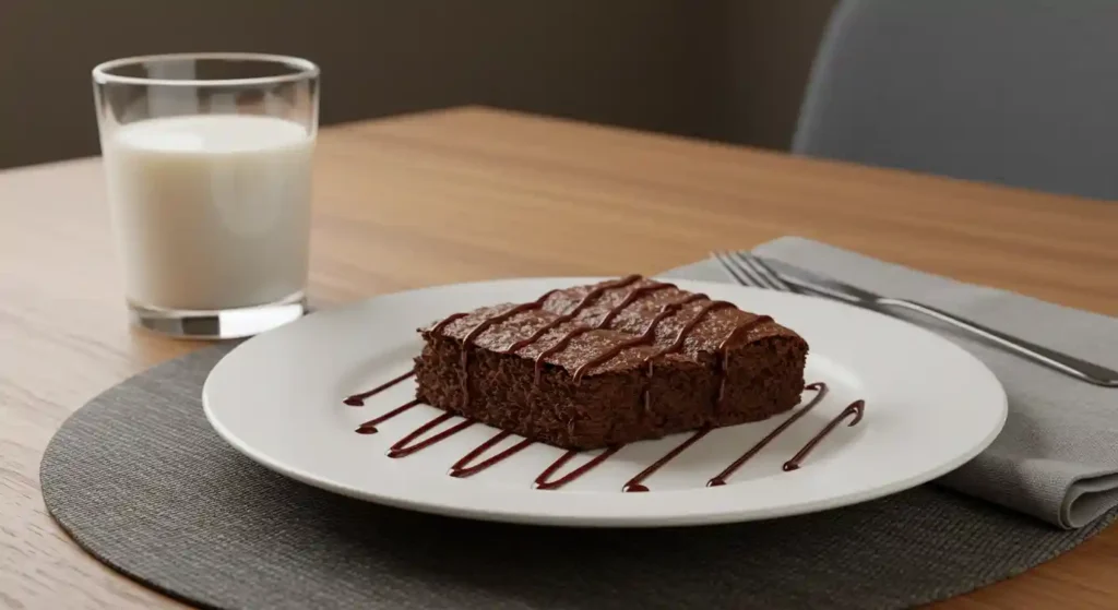 A rich chocolate brownie slice on a white plate, decorated with chocolate drizzle, served alongside a glass of milk