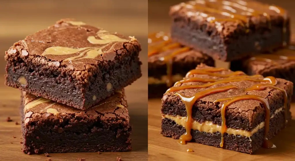 Two variations of Heavenly Hash Brownies: peanut butter swirl brownies and caramel-filled brownies with a drizzle of caramel sauce.