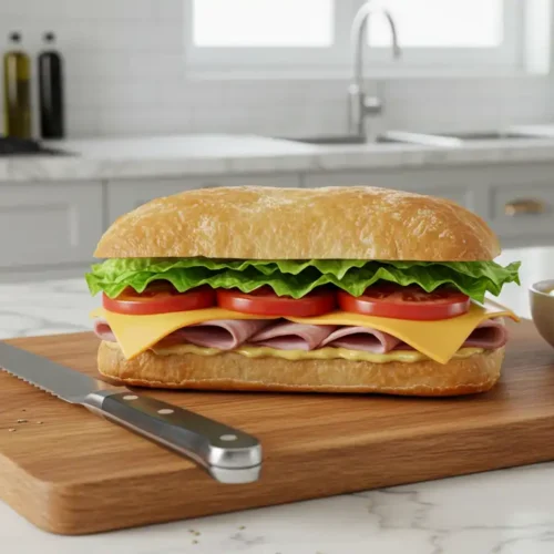 A large submarine sandwich on a wooden cutting board, featuring layers of ham, cheese, lettuce, and tomatoes, with a serrated knife beside it and a small bowl of mustard, set in a modern white kitchen