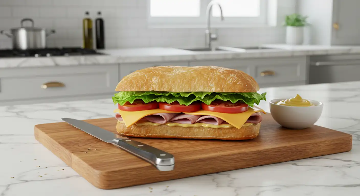 A large submarine sandwich on a wooden cutting board, featuring layers of ham, cheese, lettuce, and tomatoes, with a serrated knife beside it and a small bowl of mustard, set in a modern white kitchen