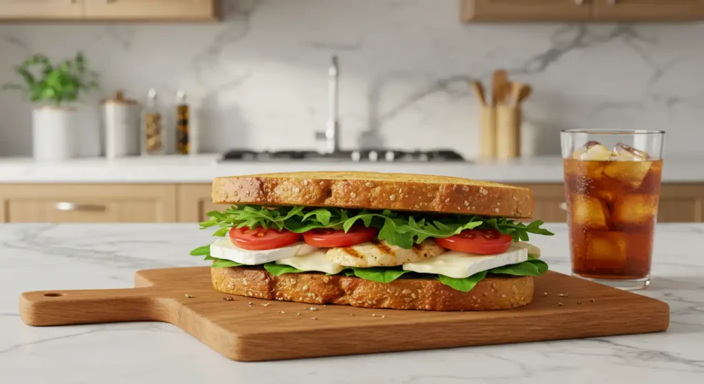 A homemade sandwich on toasted bread with chicken, mozzarella, tomatoes, and lettuce served on a wooden cutting board, accompanied by a glass of iced tea