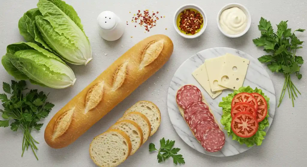 Ingredients for a Knob sandwich laid out on a light surface, including a French baguette, romaine lettuce, salami, Swiss cheese, tomatoes, parsley, and condiments in small bowls