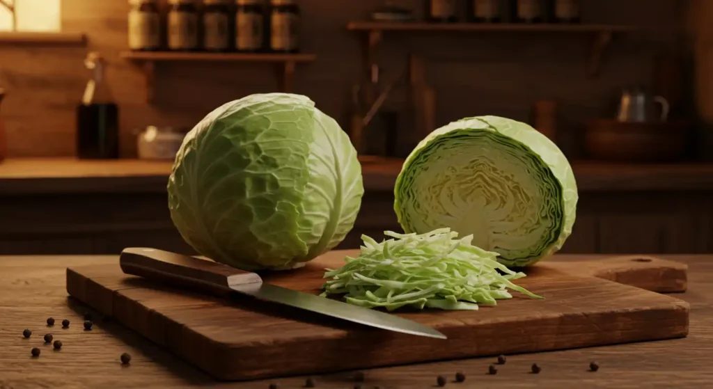 alt="Fresh cabbage being shredded on a wooden cutting board for traditional coal miner's sauerkraut, with a sharp knife and scattered peppercorns