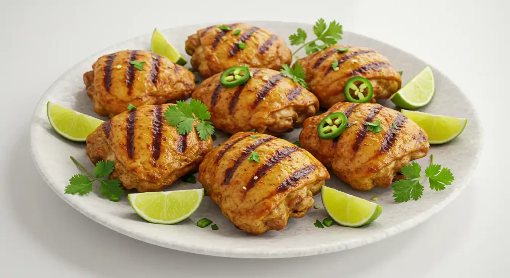 Grilled chicken thighs seasoned with sazon, garnished with fresh cilantro, jalapeños, and lime wedges on a white plate