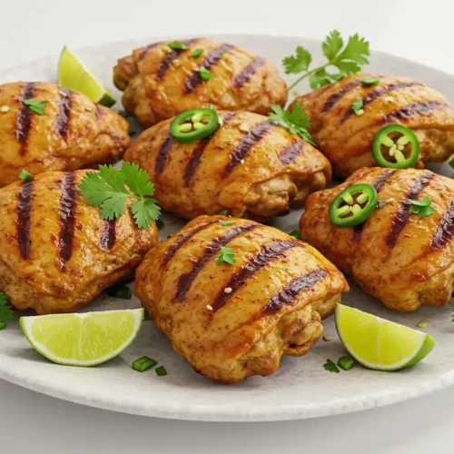 Grilled chicken thighs seasoned with sazon, garnished with fresh cilantro, jalapeños, and lime wedges on a white plate