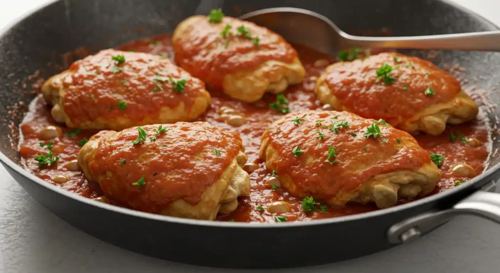 Chicken thighs seasoned with sazon, simmered in a rich tomato sauce and garnished with fresh parsley in a black skillet