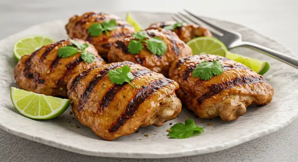 Grilled chicken thighs with sazon seasoning showing char marks, garnished with fresh cilantro and lime wedges on a white ceramic plate