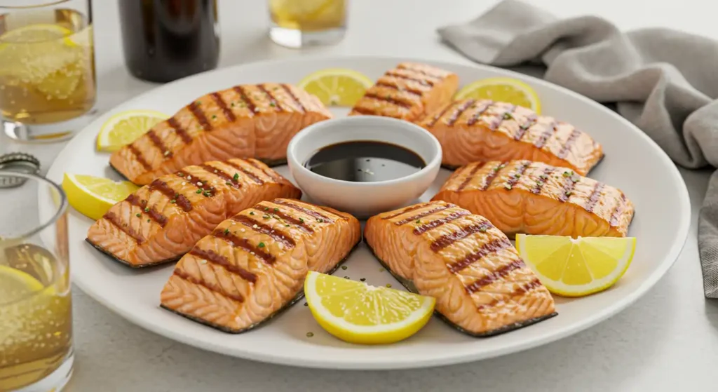 Grilled salmon fillets arranged around a dark dipping sauce, garnished with fresh lemon wedges on a white plate