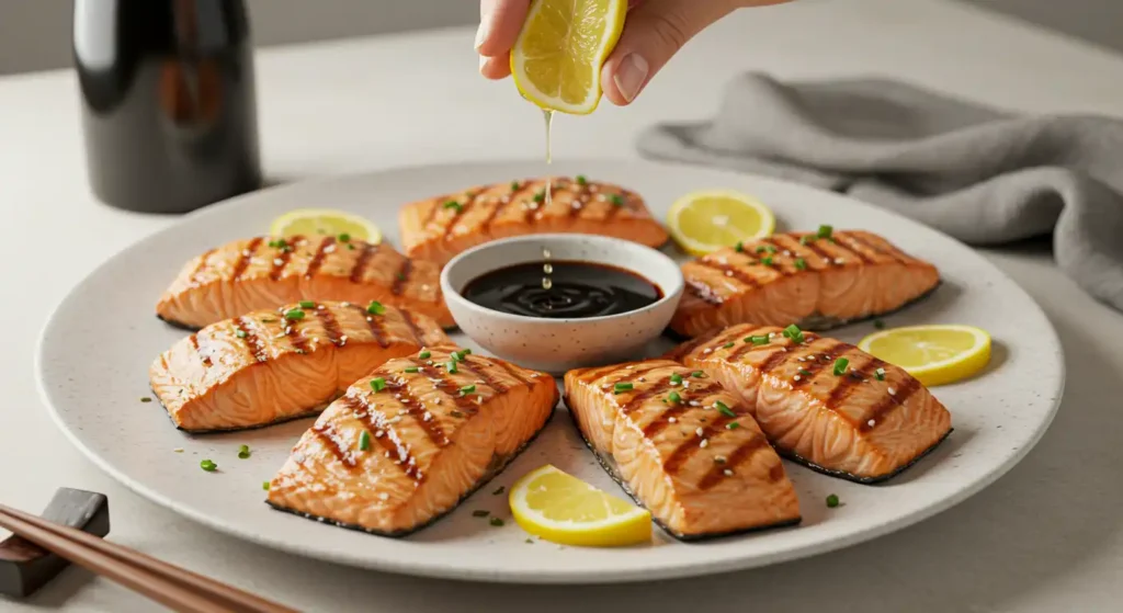 Hand squeezing lemon over grilled salmon fillets arranged around a dark dipping sauce, garnished with chives and sesame seeds