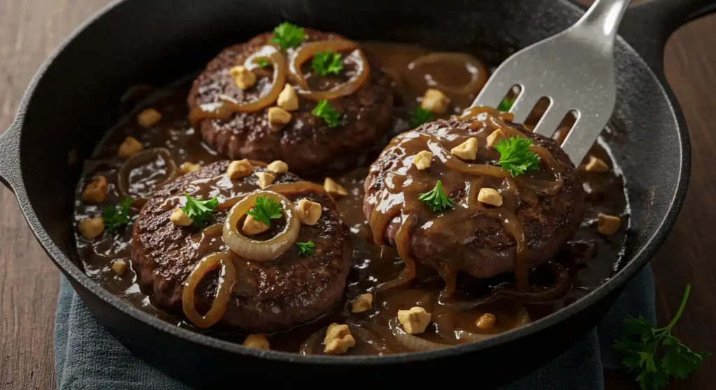 Juicy venison cube steaks in a skillet, smothered in rich onion gravy, garnished with parsley and chopped nuts.