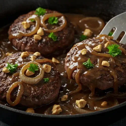 Juicy venison cube steaks in a skillet, smothered in rich onion gravy, garnished with parsley and chopped nuts.