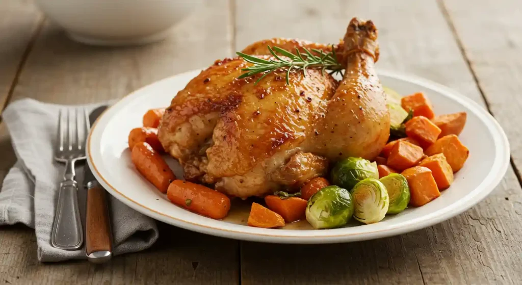 A close-up image of a roasted chicken dish with crispy skin, garnished with rosemary and surrounded by roasted carrots and brussels sprouts.