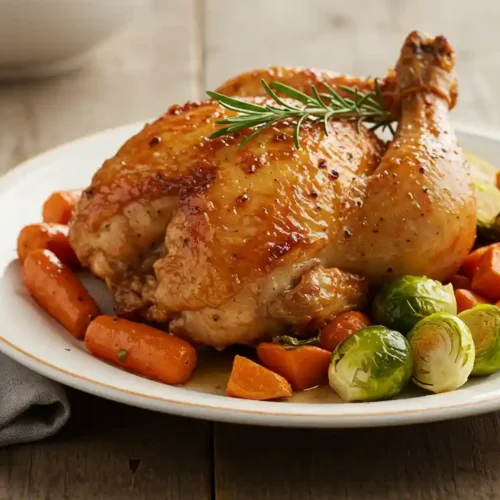 A close-up image of a roasted chicken dish with crispy skin, garnished with rosemary and surrounded by roasted carrots and brussels sprouts.